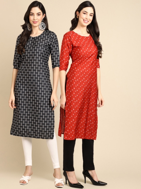 

KALINI Women Black and Red Pack of 2 Printed Crepe Kurtas