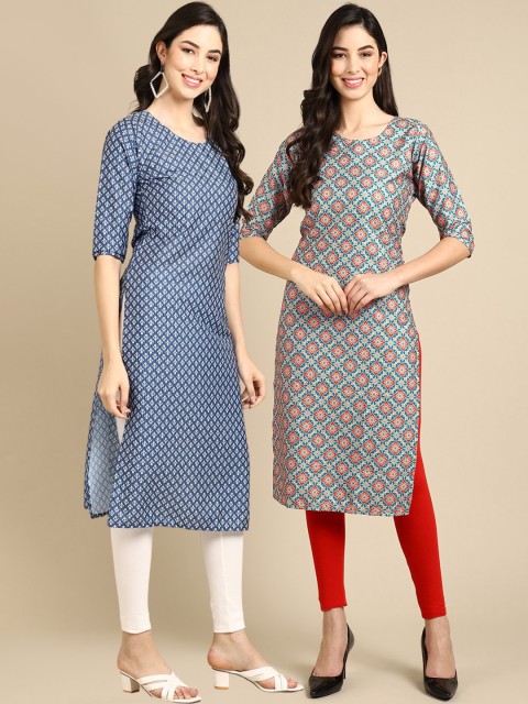 

KALINI PACK OF 2 Women Blue Ethnic Motifs Printed Block Print Handloom Crepe Kurta
