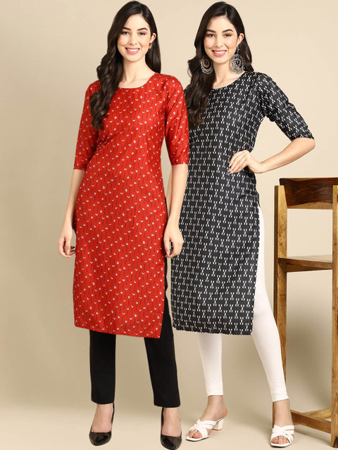 

KALINI PACK OF 2 Women Red & Black Ethnic Motifs Printed Block Print Handloom Crepe Kurta