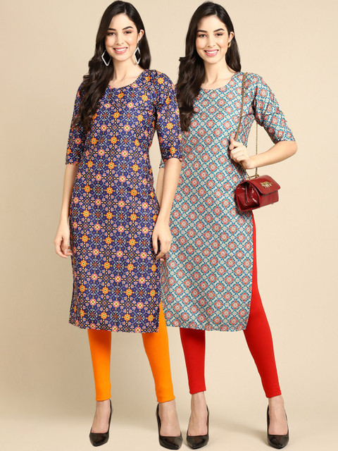 

KALINI PACK OF 2 Women Blue Ethnic Motifs Printed Block Print Handloom Crepe Kurta
