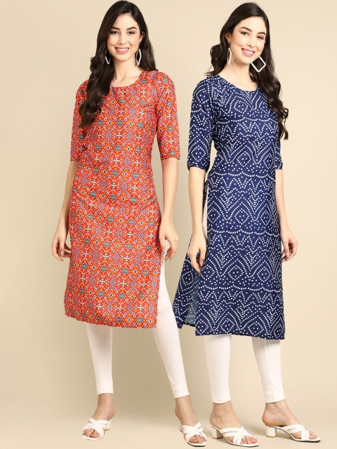

KALINI Women Pack of 2 Orange & Blue Ethnic Motifs Printed Crepe Kurta