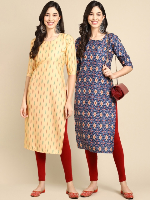 

KALINI Women Pack of 2 Yellow & Blue Ethnic Motifs Printed Crepe Kurta