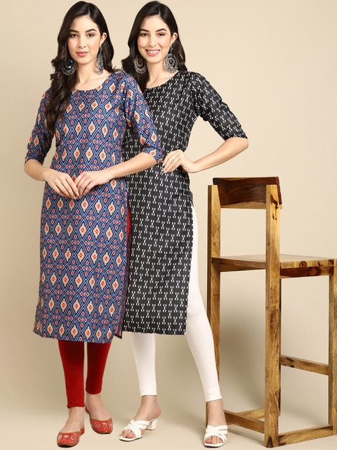 

KALINI Women Pack of 2 Blue & Black Ethnic Motifs Printed Crepe Kurta