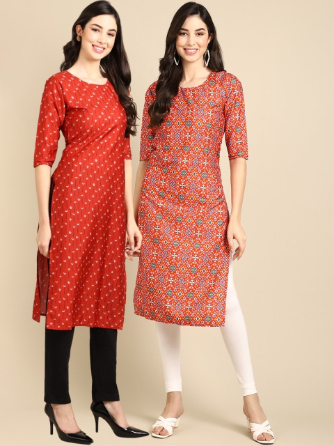 

KALINI Women Pack of 2 Red Ethnic Motifs Printed Crepe Kurta