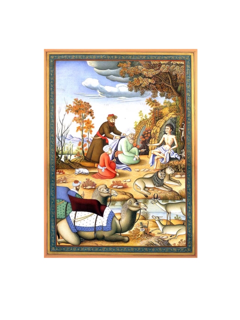 

Exotic India Beige Lailas Messenger Meets Majnu in the Forest Painted Wall Art