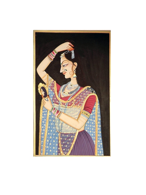 

Exotic India Black & Blue Hand-Painted Nayika Shringar Wall Art