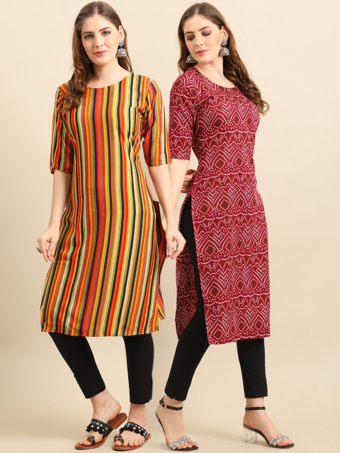 

KALINI Women Pack of 2 Yellow & Maroon Striped Keyhole Neck Block Print Handloom Crepe Kurta