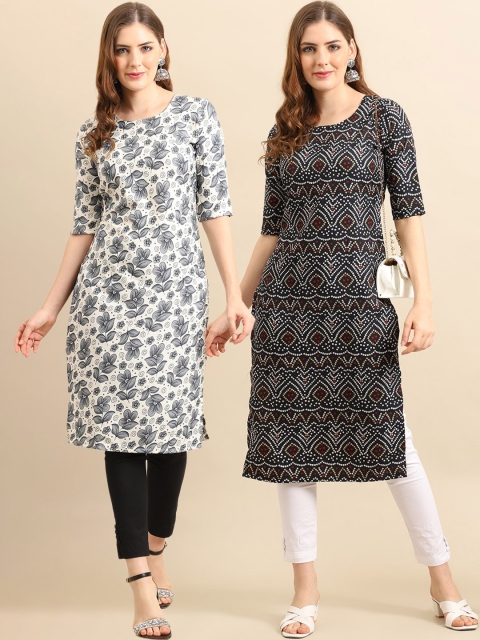 

KALINI PACK OF 2 Women Ethnic Motifs Printed Block Print Handloom Crepe Kurta, Grey