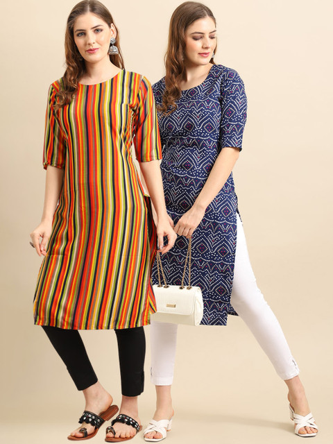 

KALINI PACK OF 2 Women Printed Block Print Handloom Crepe Kurta, Orange