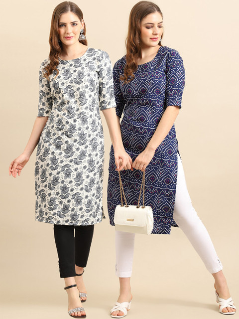 

KALINI PACK OF 2 Women Ethnic Motifs Printed Block Print Handloom Crepe Kurta, Grey