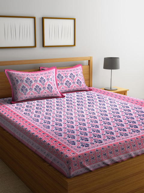 

Rajasthan Decor Pink & Blue Ethnic Motifs 144 TC Queen Bedsheet with 2 Pillow Covers