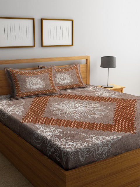 

Rajasthan Decor Brown & White Floral 144 TC Queen Bedsheet with 2 Pillow Covers