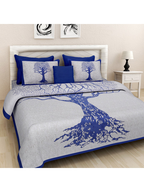 

Rajasthan Decor White & Blue Floral 144 TC Queen Bedsheet with 2 Pillow Covers