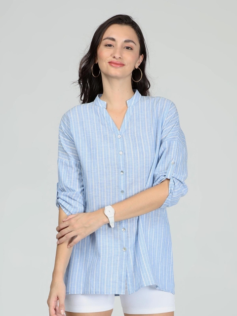 

IDK Women Blue Striped Mandarin Collar Roll-Up Sleeves Shirt Style Top
