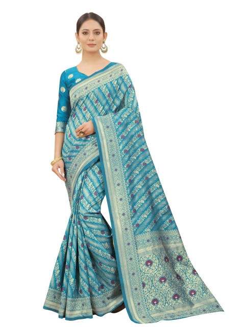 

MOKSHA DESIGNS Blue And Gold-Toned Floral Woven Design Zari Pure Silk Kanjeevaram Saree