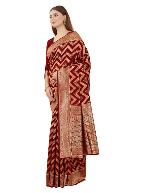 

MOKSHA DESIGNS Red & Gold-Toned Woven Design Zari Pure Silk Kanjeevaram Saree