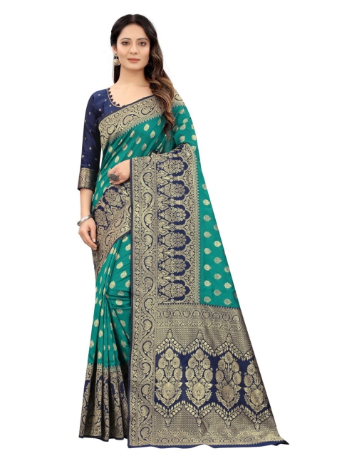 

MOKSHA DESIGNS Blue & Gold-Toned Woven Design Zari Pure Silk Kanjeevaram Saree