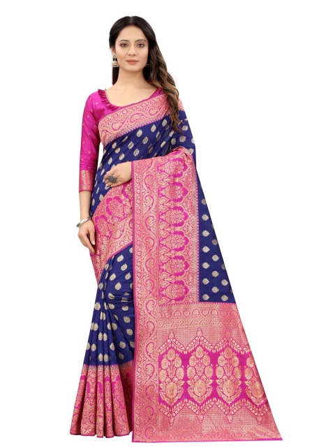 

MOKSHA DESIGNS Blue & Pink Woven Design Zari Pure Silk Kanjeevaram Saree