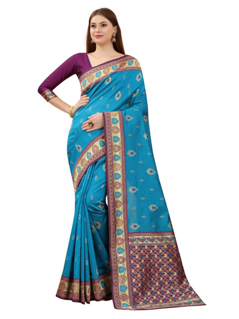 

MOKSHA DESIGNS Blue & Red Woven Design Zari Pure Silk Kanjeevaram Saree