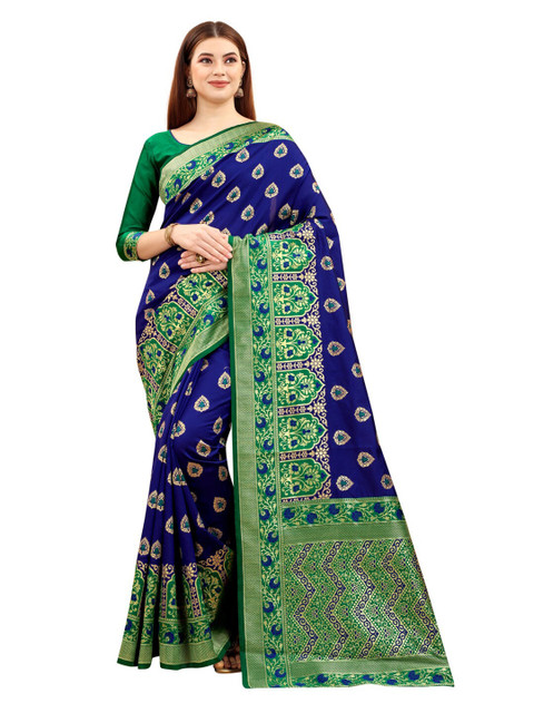 

MOKSHA DESIGNS Blue & Green Woven Design Pure Silk Kanjeevaram Zari Saree
