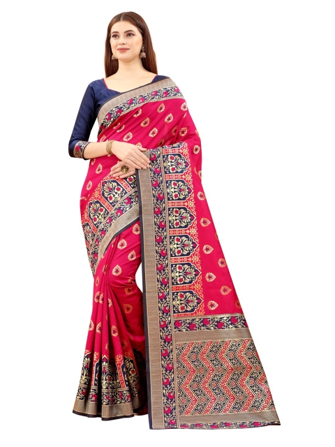 

MOKSHA DESIGNS Red & Blue Woven Design Zari Pure Silk Kanjeevaram Saree