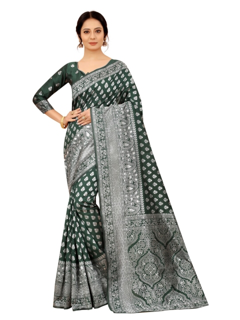 

MOKSHA DESIGNS Green & Silver-Toned Ethnic Motifs Zari Pure Silk Kanjeevaram Saree