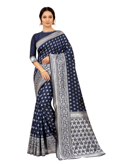 

MOKSHA DESIGNS Navy Blue & Silver-Toned Woven Design Zari Pure Silk Kanjeevaram Saree