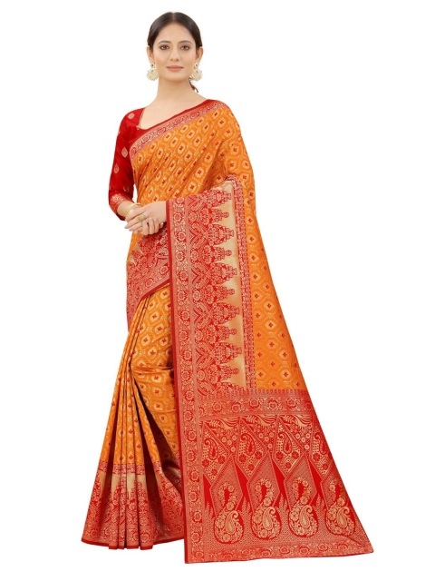 

MOKSHA DESIGNS Orange & Red Woven Design Zari Pure Silk Kanjeevaram Saree