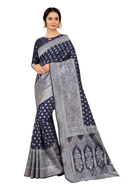 

MOKSHA DESIGNS Navy Blue & Silver-Toned Woven Design Zari Pure Silk Kanjeevaram Saree