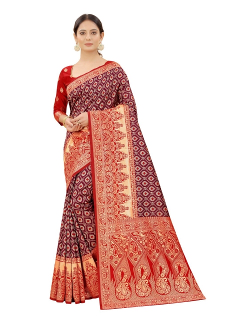 

MOKSHA DESIGNS Purple & Red Woven Design Zari Pure Silk Kanjeevaram Saree