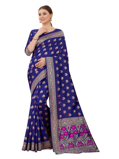 

MOKSHA DESIGNS Blue & Gold-Toned Woven Design Zari Pure Silk Kanjeevaram Saree