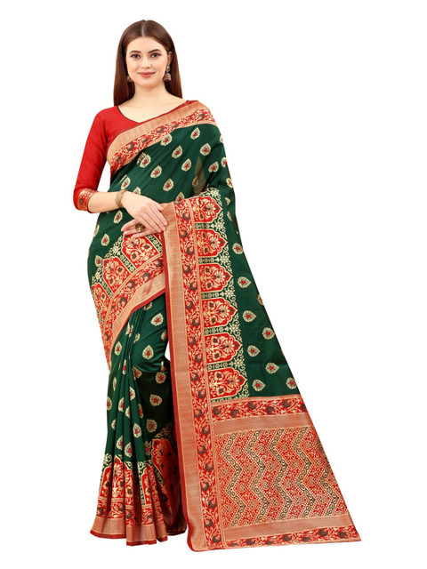 

MOKSHA DESIGNS Green & Gold-Toned Woven Design Zari Pure Silk Kanjeevaram Saree
