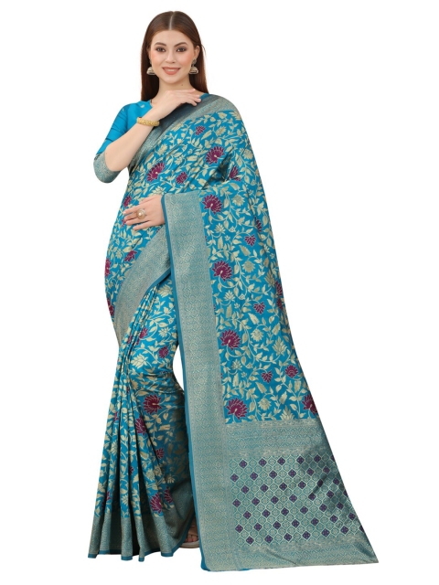 

MOKSHA DESIGNS Blue & Purple Woven Design Zari Pure Silk Kanjeevaram Saree