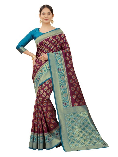 

MOKSHA DESIGNS Purple And Blue Woven Design Zari Pure Silk Kanjeevaram Saree