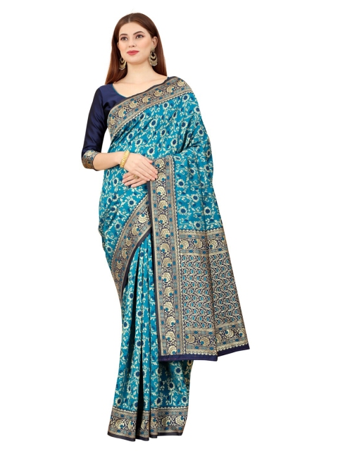 

MOKSHA DESIGNS Blue & Gold-Toned Ethnic Motifs Zari Pure Silk Kanjeevaram Saree