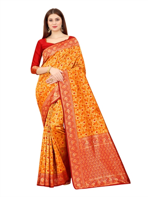 

MOKSHA DESIGNS Orange & Red Woven Design Pure Silk Kanjeevaram Zari Saree