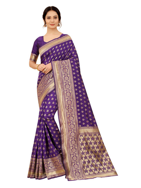 

MOKSHA DESIGNS Purple & Gold-Toned Woven Design Zari Pure Silk Kanjeevaram Saree