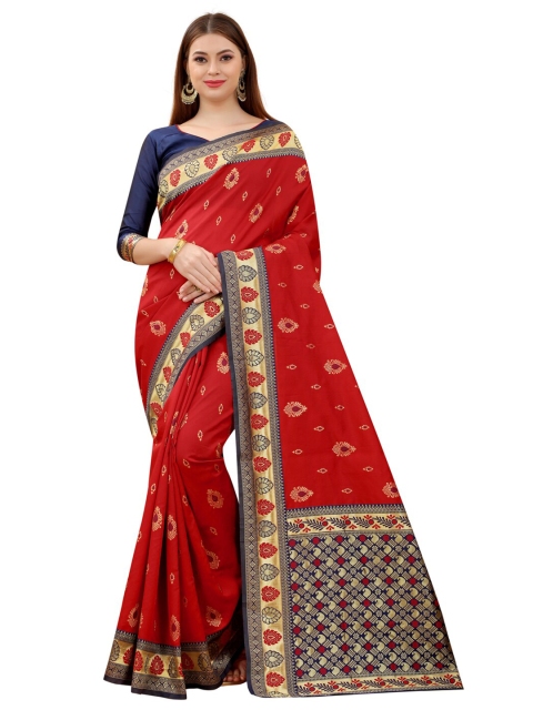 

MOKSHA DESIGNS Red & Navy Blue Ethnic Motifs Zari Pure Silk Kanjeevaram Saree