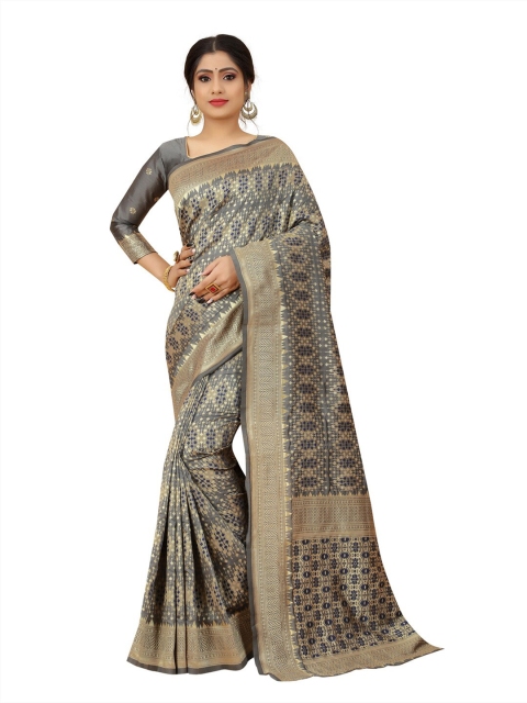 

MOKSHA DESIGNS Grey & Gold-Toned Ethnic Motifs Zari Pure Silk Kanjeevaram Saree