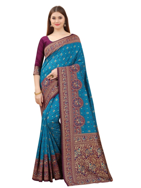

MOKSHA DESIGNS Blue & Purple Ethnic Motifs Zari Pure Silk Kanjeevaram Saree