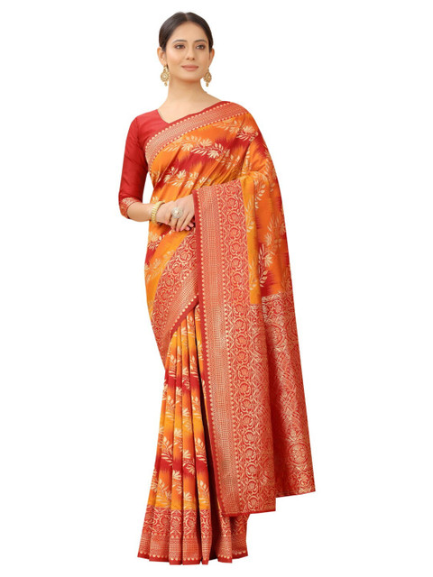 

MOKSHA DESIGNS Orange & Red Woven Design Zari Pure Silk Kanjeevaram Saree