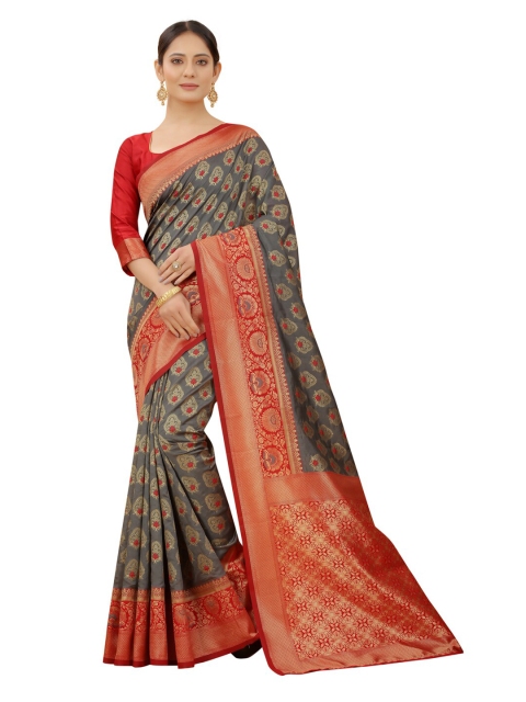 

MOKSHA DESIGNS Grey & Red Woven Design Zari Pure Silk Kanjeevaram Saree