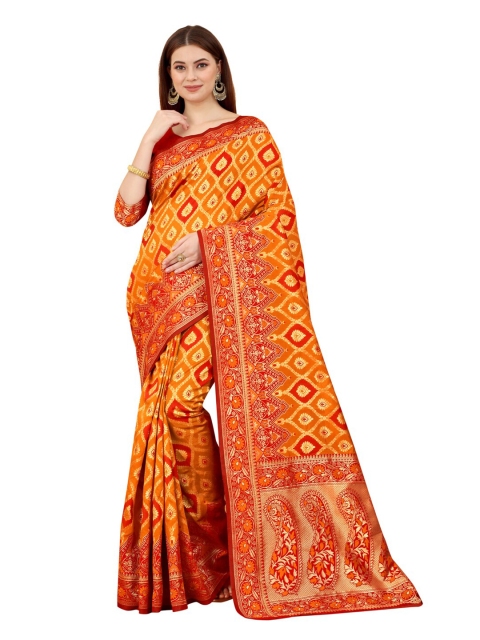 

MOKSHA DESIGNS Orange & Red Ethnic Motifs Zari Pure Silk Kanjeevaram Saree