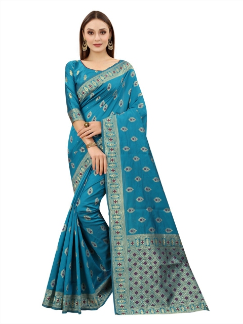 

MOKSHA DESIGNS Turquoise Blue & Gold-Toned Ethnic Motifs Zari Pure Silk Kanjeevaram Saree