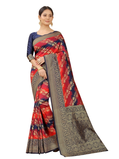 

MOKSHA DESIGNS Navy Blue & Red Ethnic Motifs Zari Pure Silk Kanjeevaram Saree