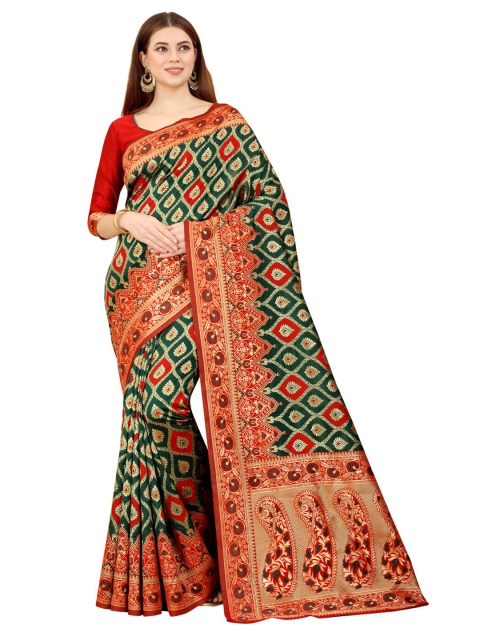 

MOKSHA DESIGNS Green & Red Ethnic Motifs Zari Pure Silk Kanjeevaram Saree