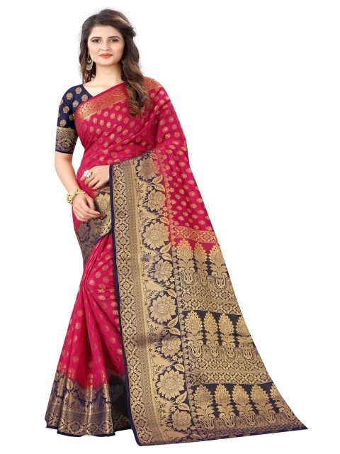 

MOKSHA DESIGNS Magenta & Gold-Toned Floral Zari Pure Silk Kanjeevaram Saree