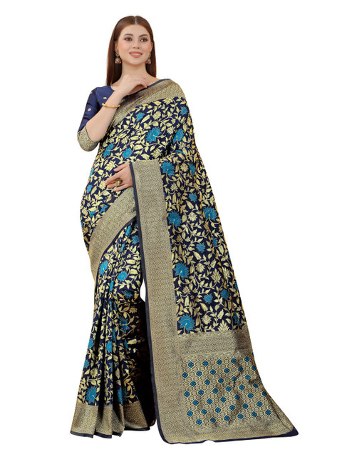 

MOKSHA DESIGNS Navy Blue & Turquoise Blue Woven Design Zari Pure Silk Kanjeevaram Saree