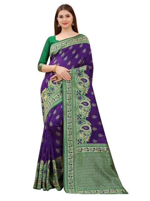 

MOKSHA DESIGNS Purple & Green Woven Design Zari Pure Silk Kanjeevaram Saree