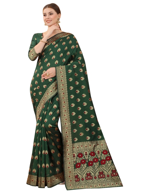 

MOKSHA DESIGNS Green & Gold-Toned Ethnic Motifs Zari Pure Silk Kanjeevaram Saree